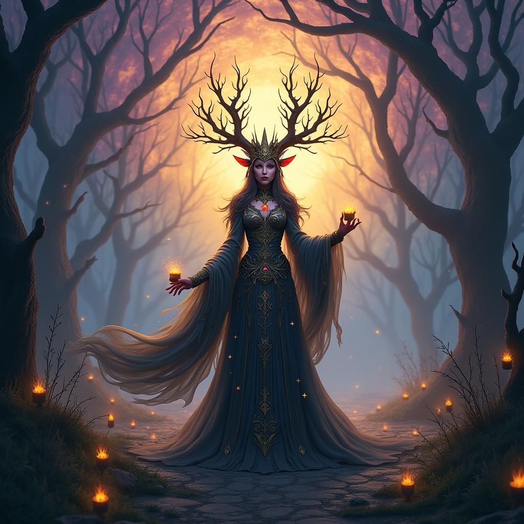 Majestic Sorceress in Mystical Forest, Art Nouveau Style
