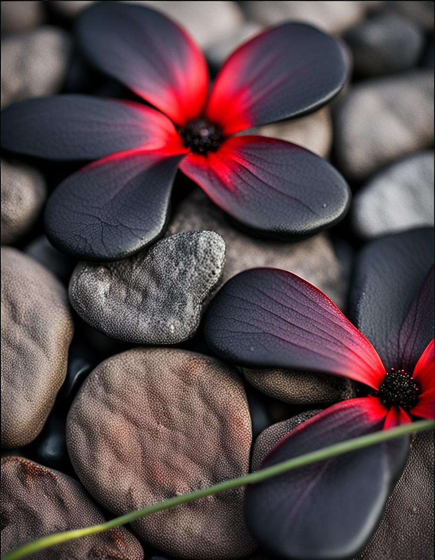 Red Flowers on Black Stones: Macro Fine Art
