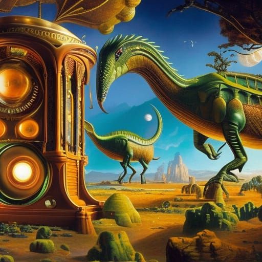 Time Machine Surrounded by Dinosaurs: Surrealist Oil Paintin...