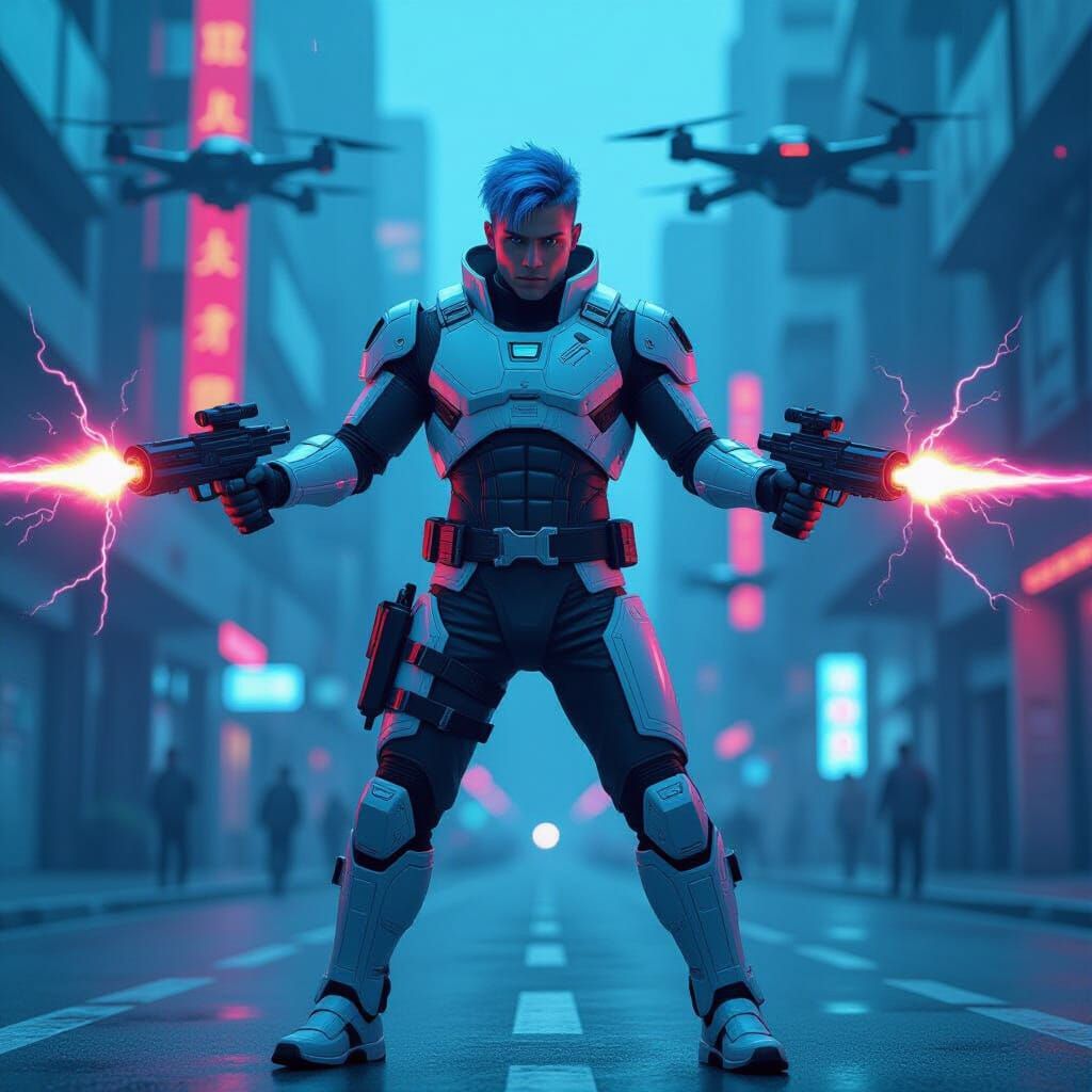 Cyberpunk Warrior with Blaster Guns in Neon Cityscape