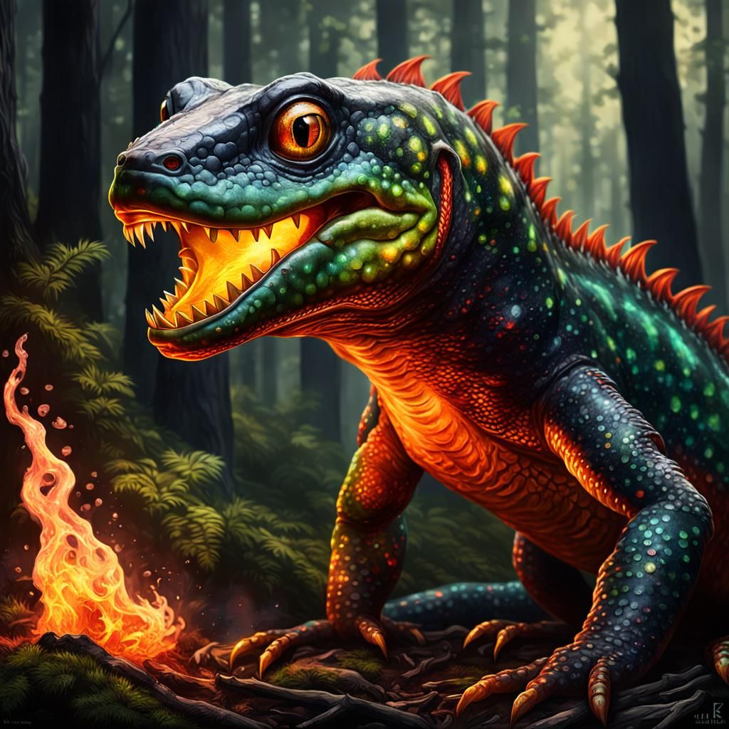 Hyper-Realistic Fire Breathing Salamander in Dramatic Lighti...