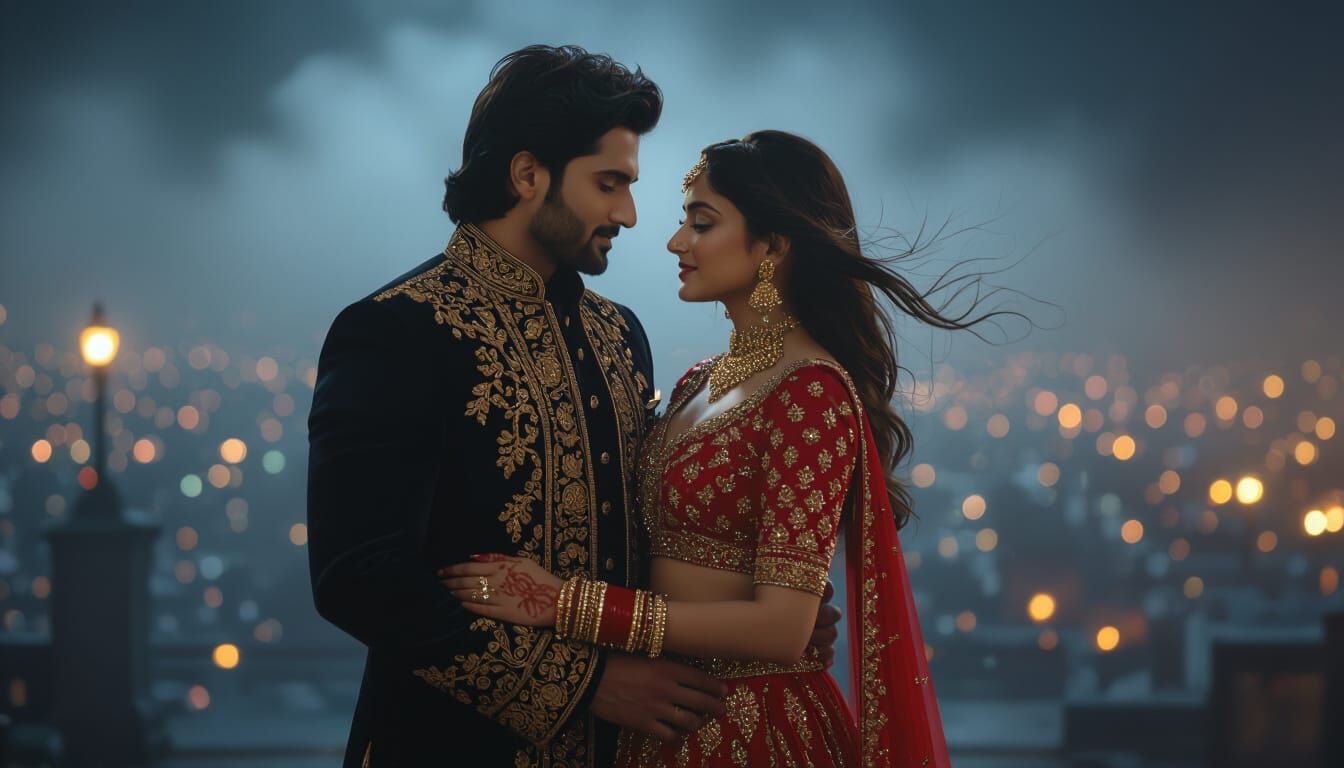 Glamorous Indian Couple in Bollywood Poster Style