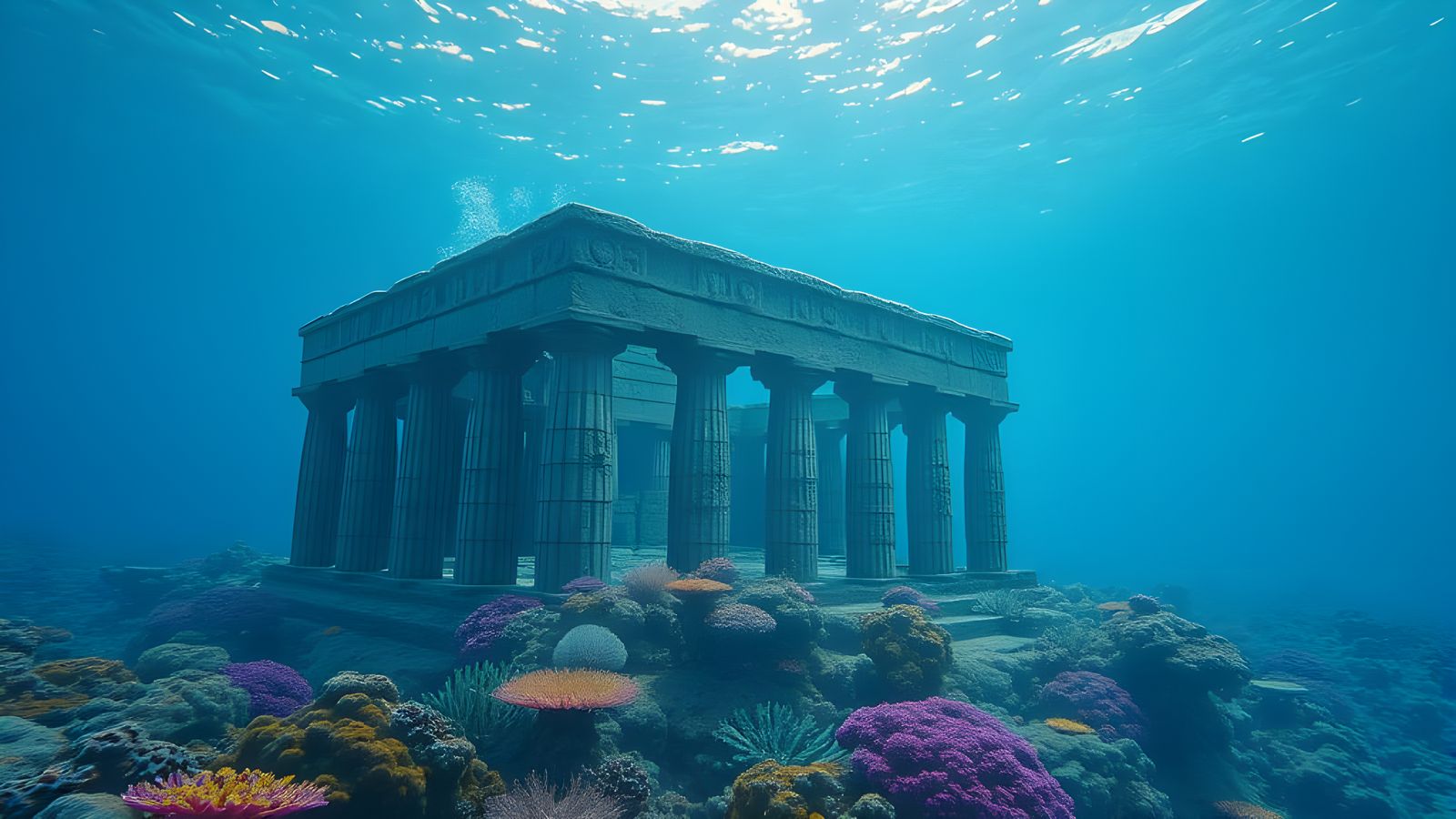 Underwater Sumerian Temple Ruins with Coral Reef
