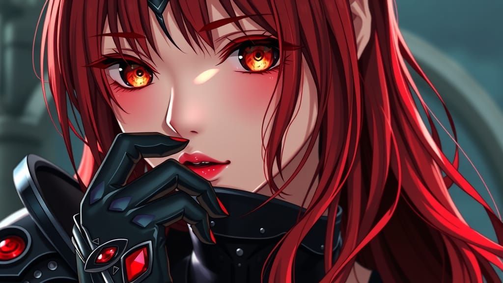 Anime Girl in Black Armor with Red Hair