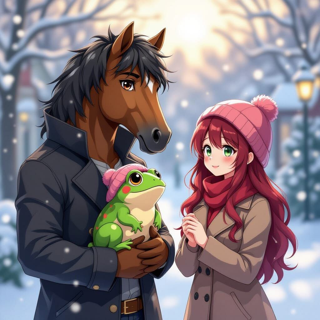 Fairytale Horse-Headed Man with Frog in Anime Style