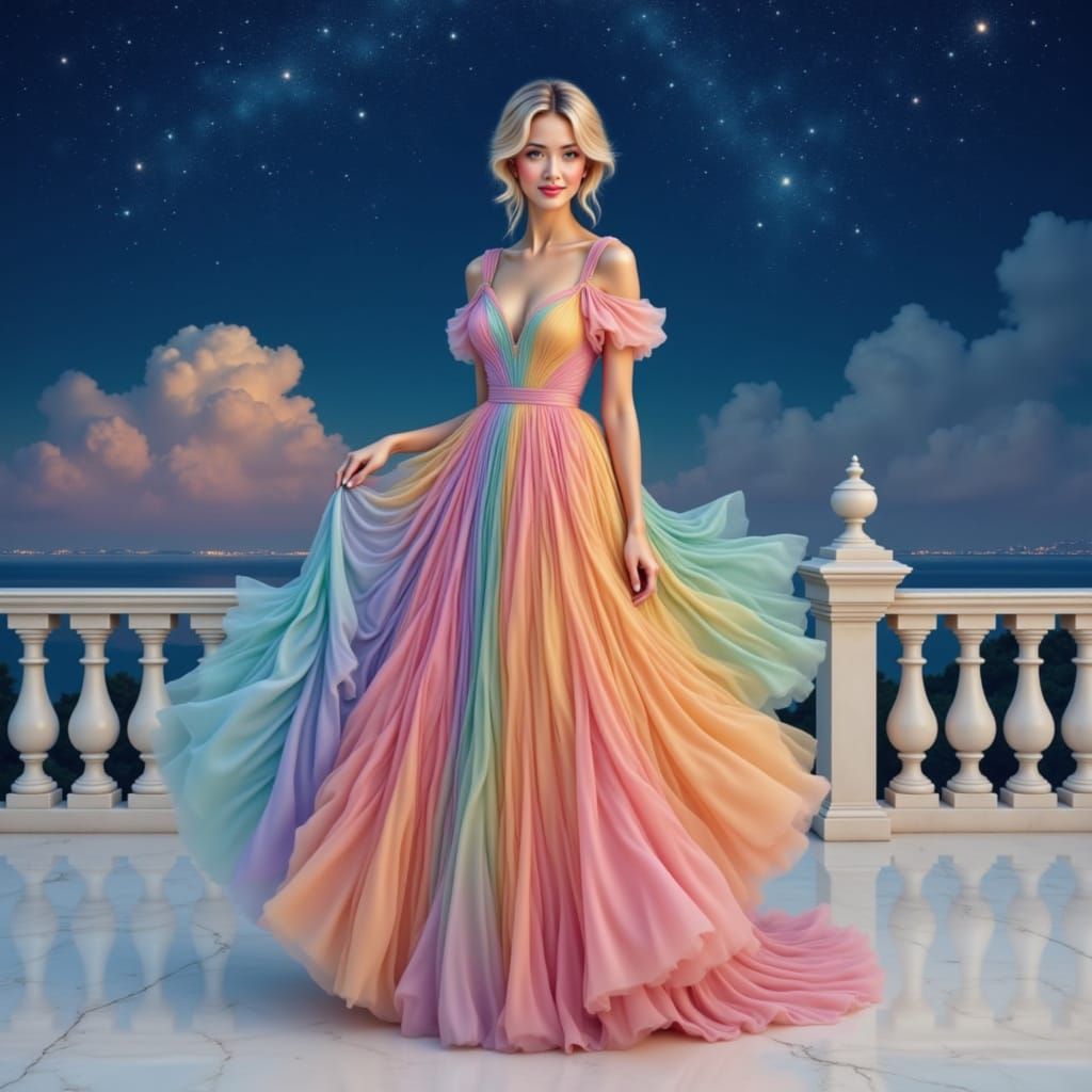 Elegant Woman in Rainbow Dress on Marble Terrace Under Starr...