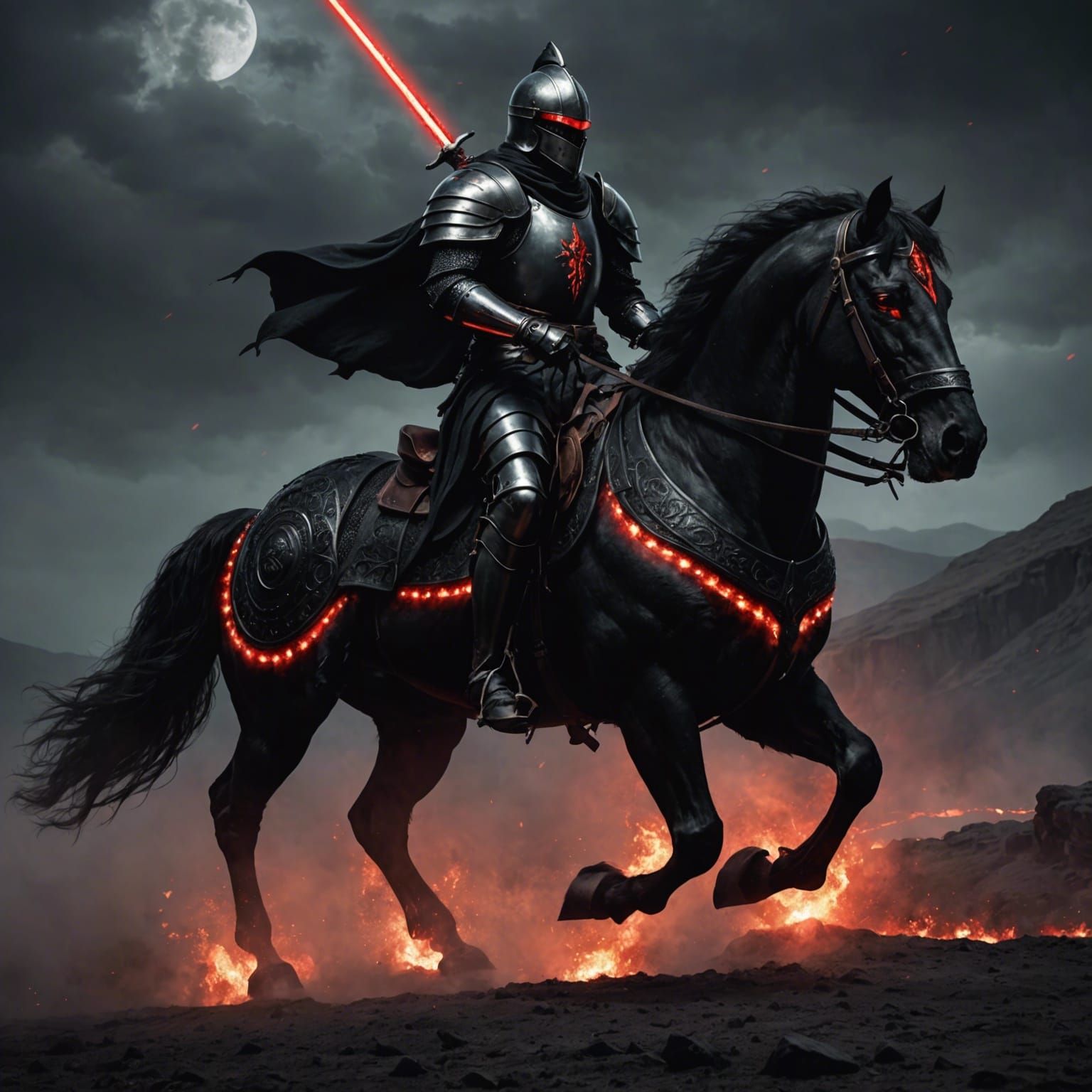 a knight warrior in black riding a black war horse with glow...
