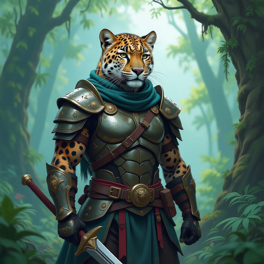 Armored Leopard Warrior in Mystical Forest
