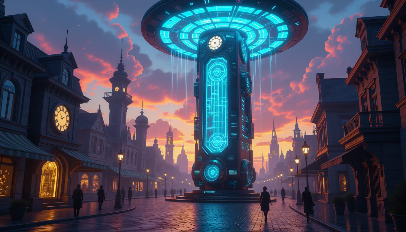 Retro-Futuristic City Audio Tower With Clockwork Automatons