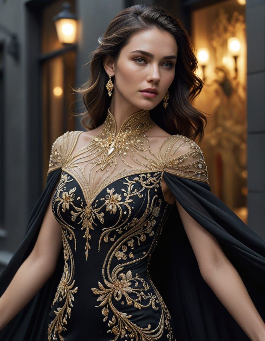 Luxurious Gold Embroidered Evening Gown with Surreal Backgro...