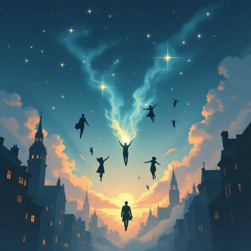 Dreamlike Cityscape with Ascending Figures, in Gothic Style