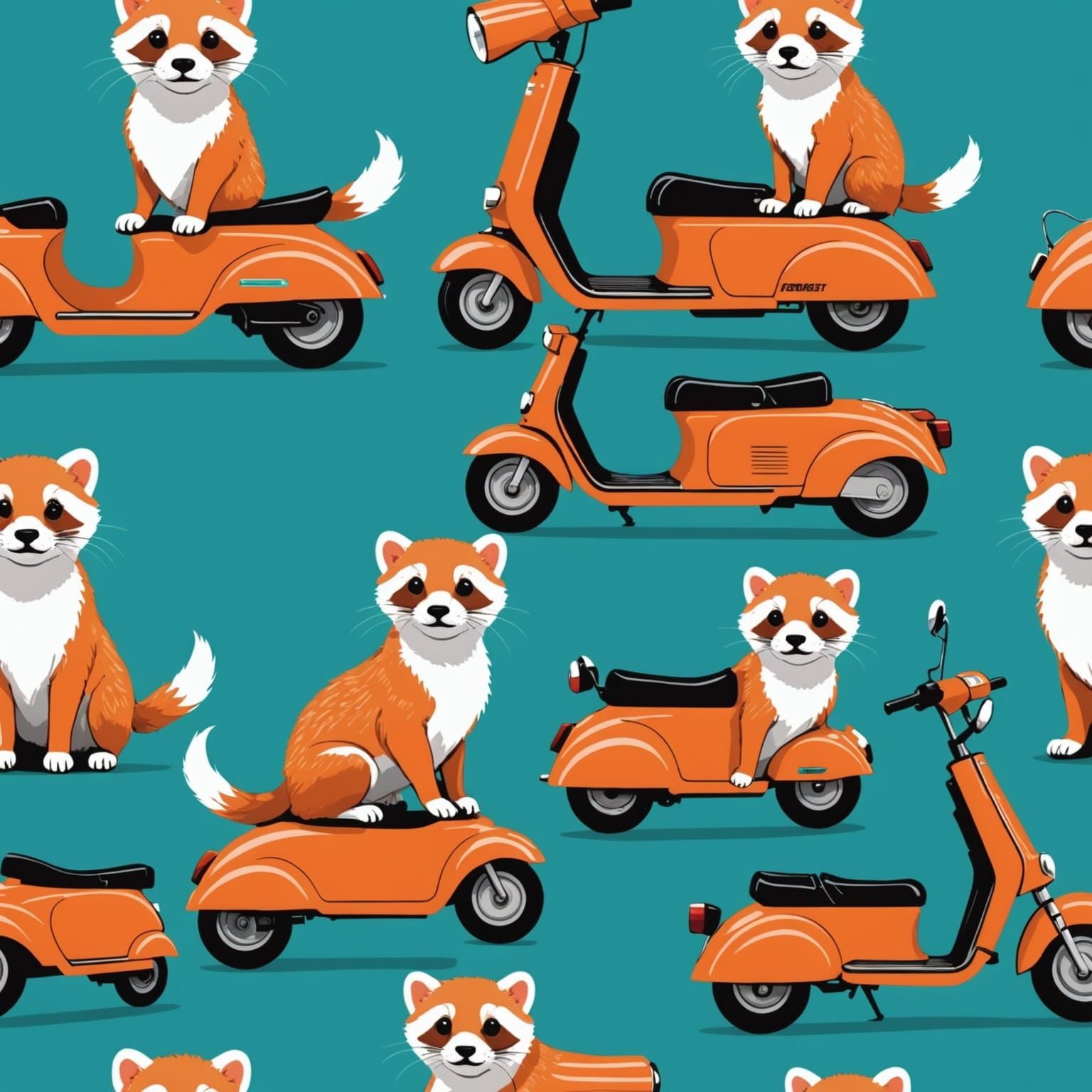 Ferrets and a Vintage Electric Scooter in Retro Orange and T...