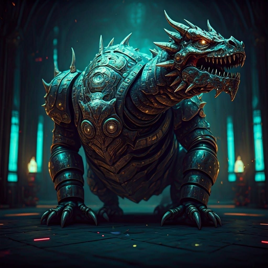 Metallic Golem Dragon Shimmers in Aquamarine Glow