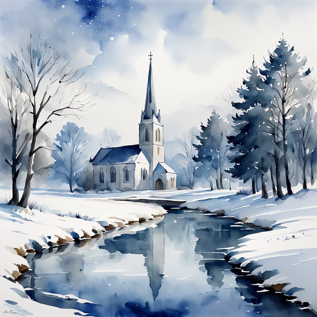 Snowy Falmer Church and Pond in Watercolor