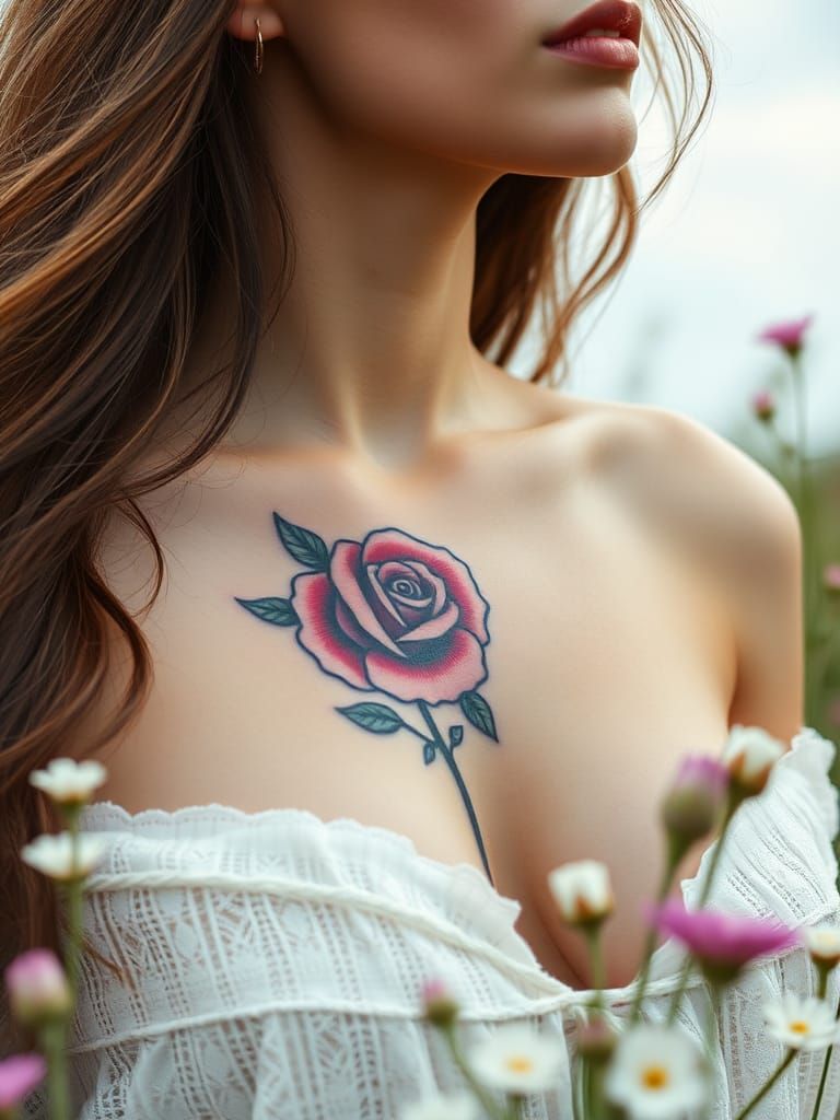 Woman with Rose Tattoo on Blooming Meadow