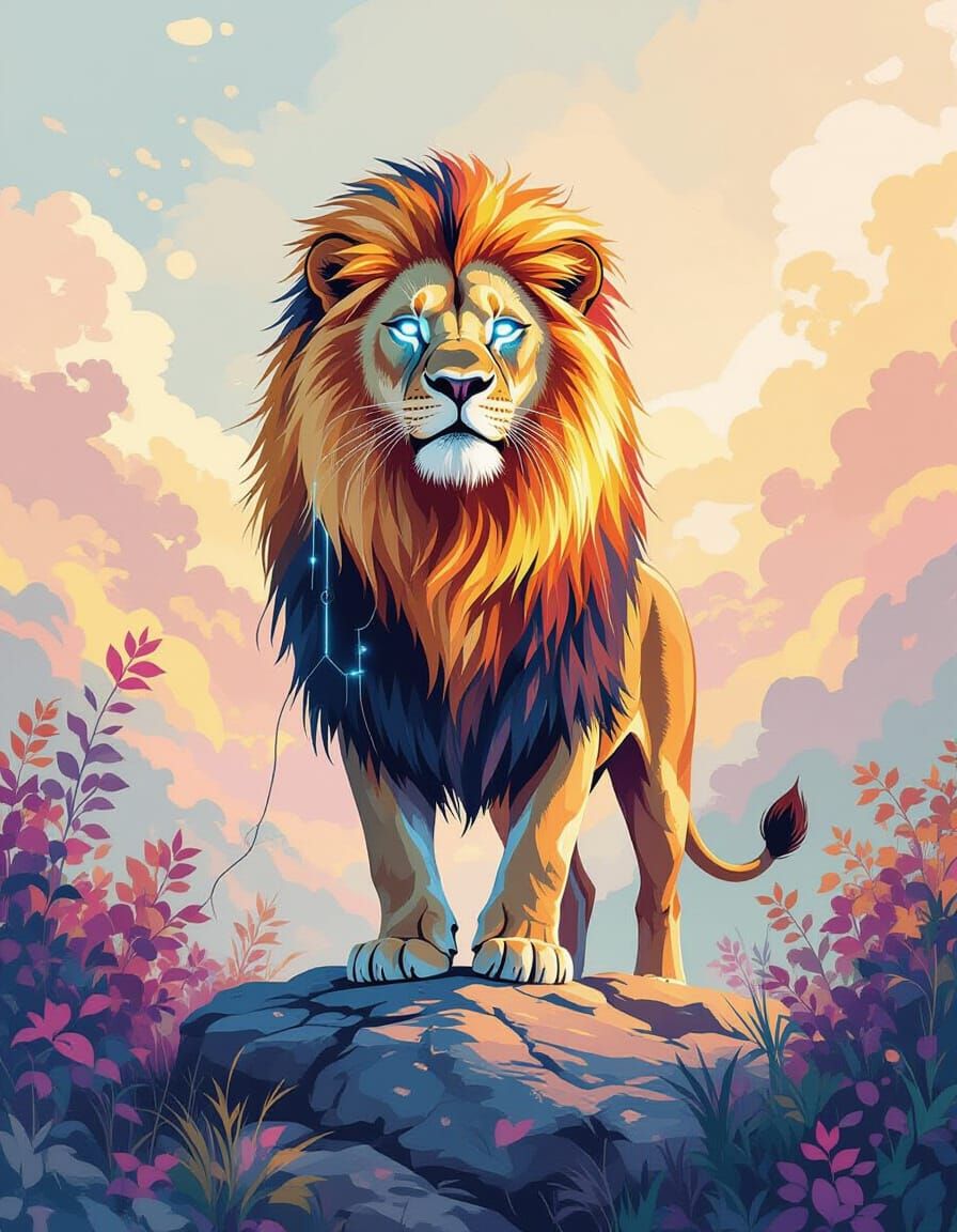 Golden Wire Lion with Bioluminescent Eyes in Watercolor