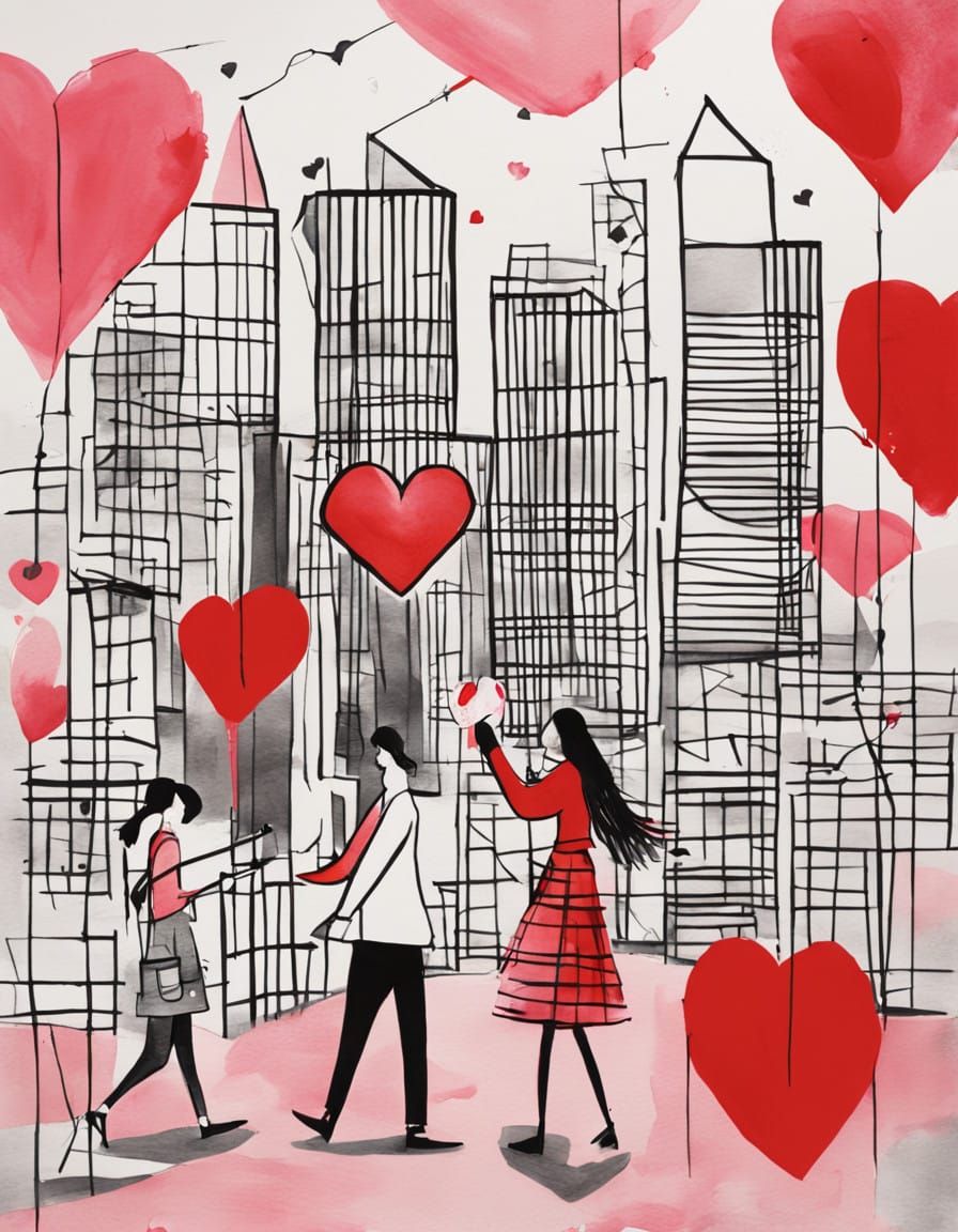 Vibrant Valentine's Day Urban Scene in Edgy, Contemporary St...