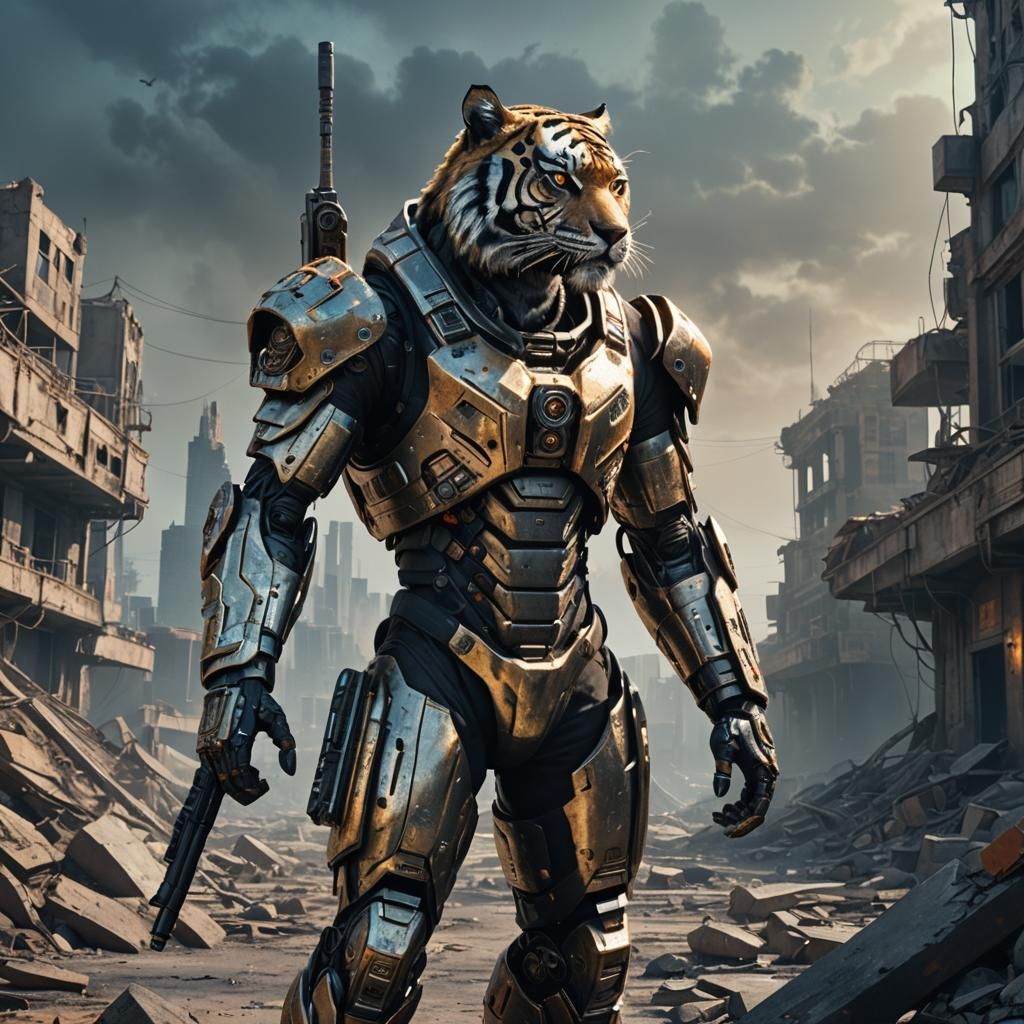 Sci-Fi Tiger Warrior in Ruined Cityscape