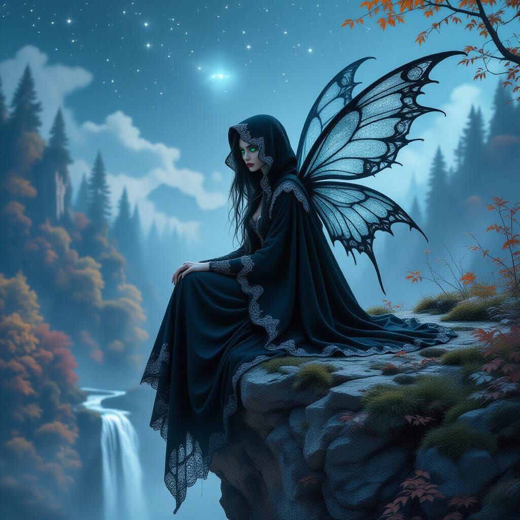 beautiful model perfect fairy with intricate lace jagged win...