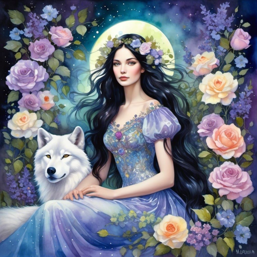 Watercolor Portrait of Woman with Wolf and Flowers
