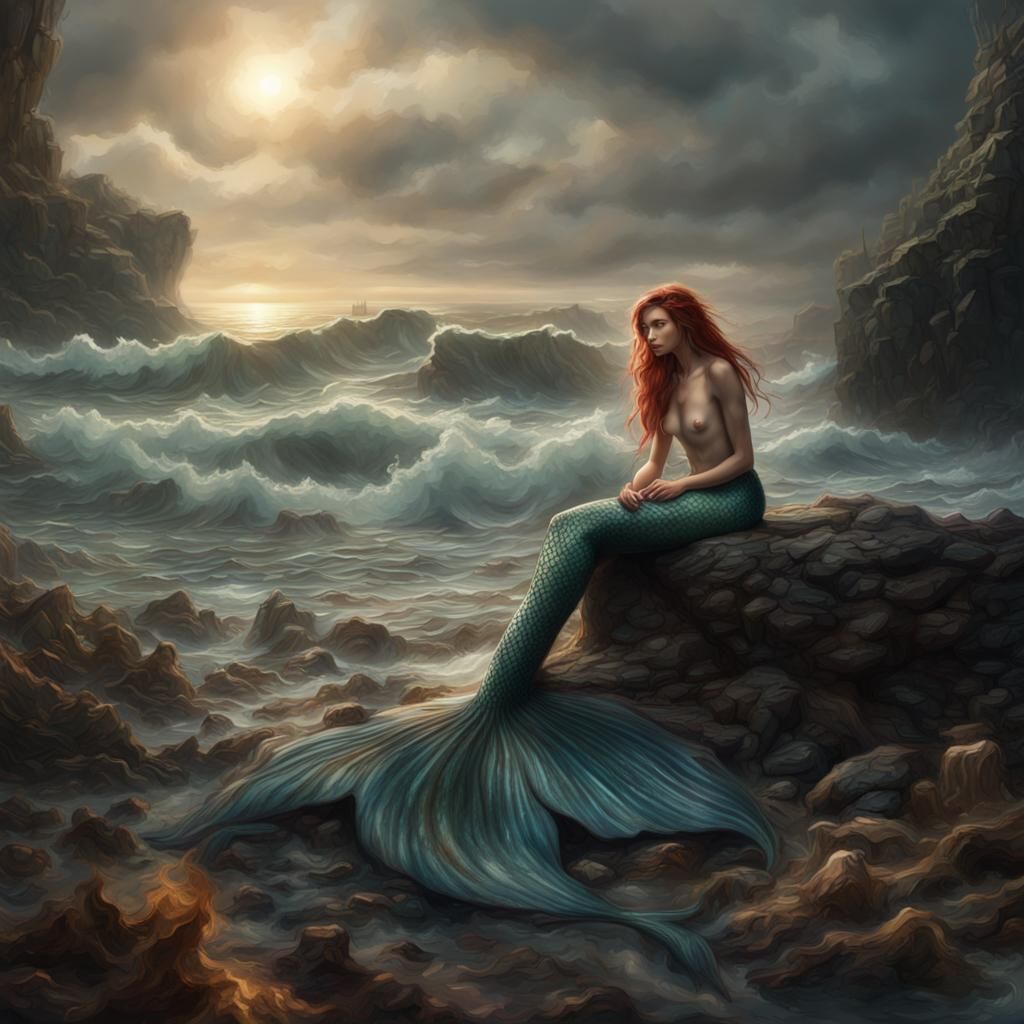 Dramatic Mermaid Washed Ashore: Digital Matte Painting