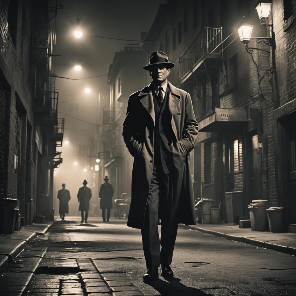 Film Noir Detective in Dark Cityscape