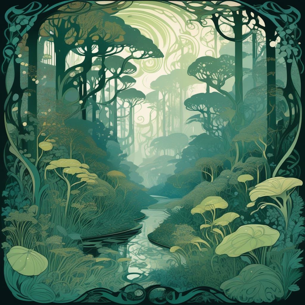 Art Nouveau Forest Landscape with Sinuous Organic Forms