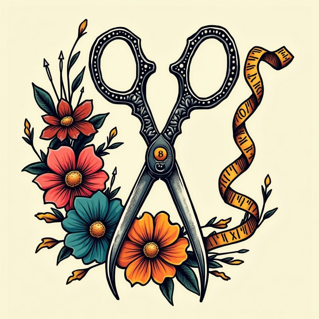 Vintage Sailor Jerry Tattoo of Embroidery Scissors with Folk...