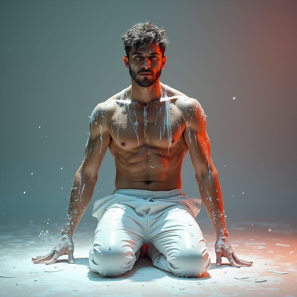Surreal Hyperrealistic Portrait of a Man in White, Splattere...