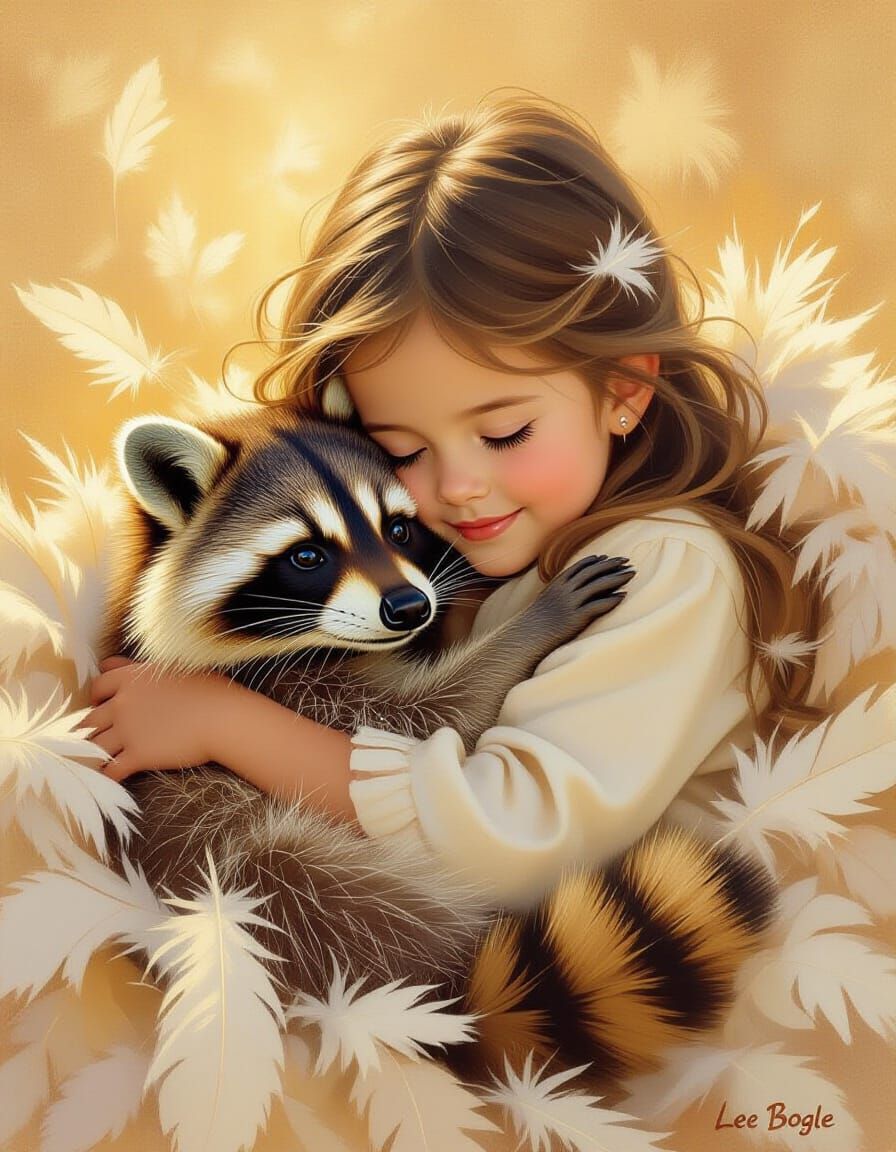 Girl Cuddling Raccoon in Watercolor Style