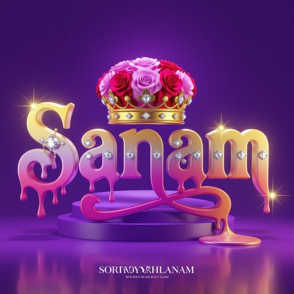 Golden Dripping Name 'Sanam' with Rose Crown