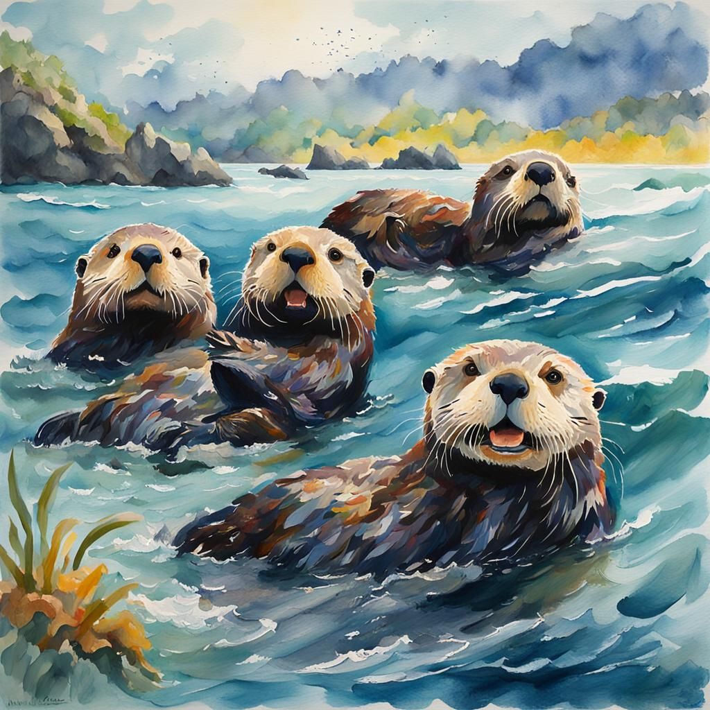 Sea Otters in Gouache Style Impressionist Painting