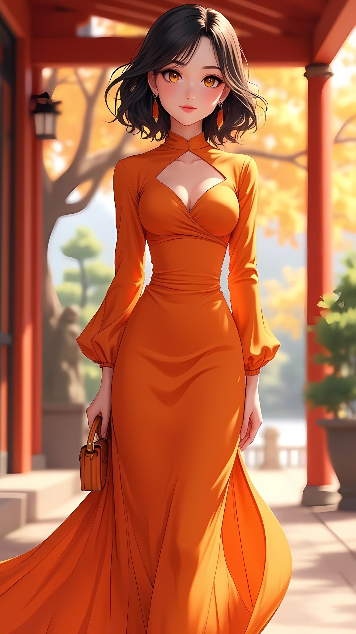 Elegant Anime Woman in Flowing Orange Dress