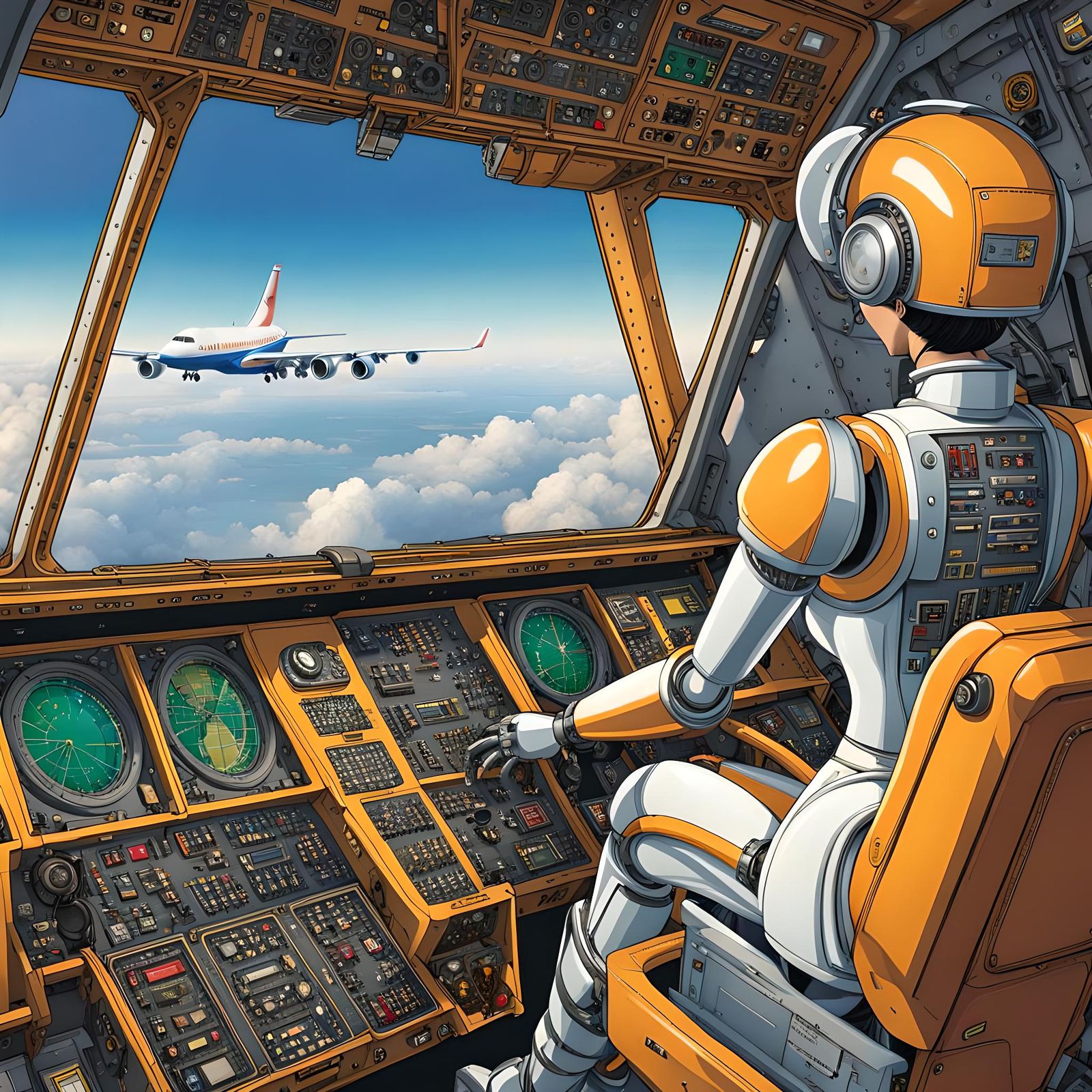 Mechanical Robot Woman Flying Jumbo Jet