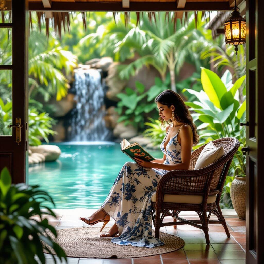 Elegant Woman Reading by Waterfall, Impressionistic Style