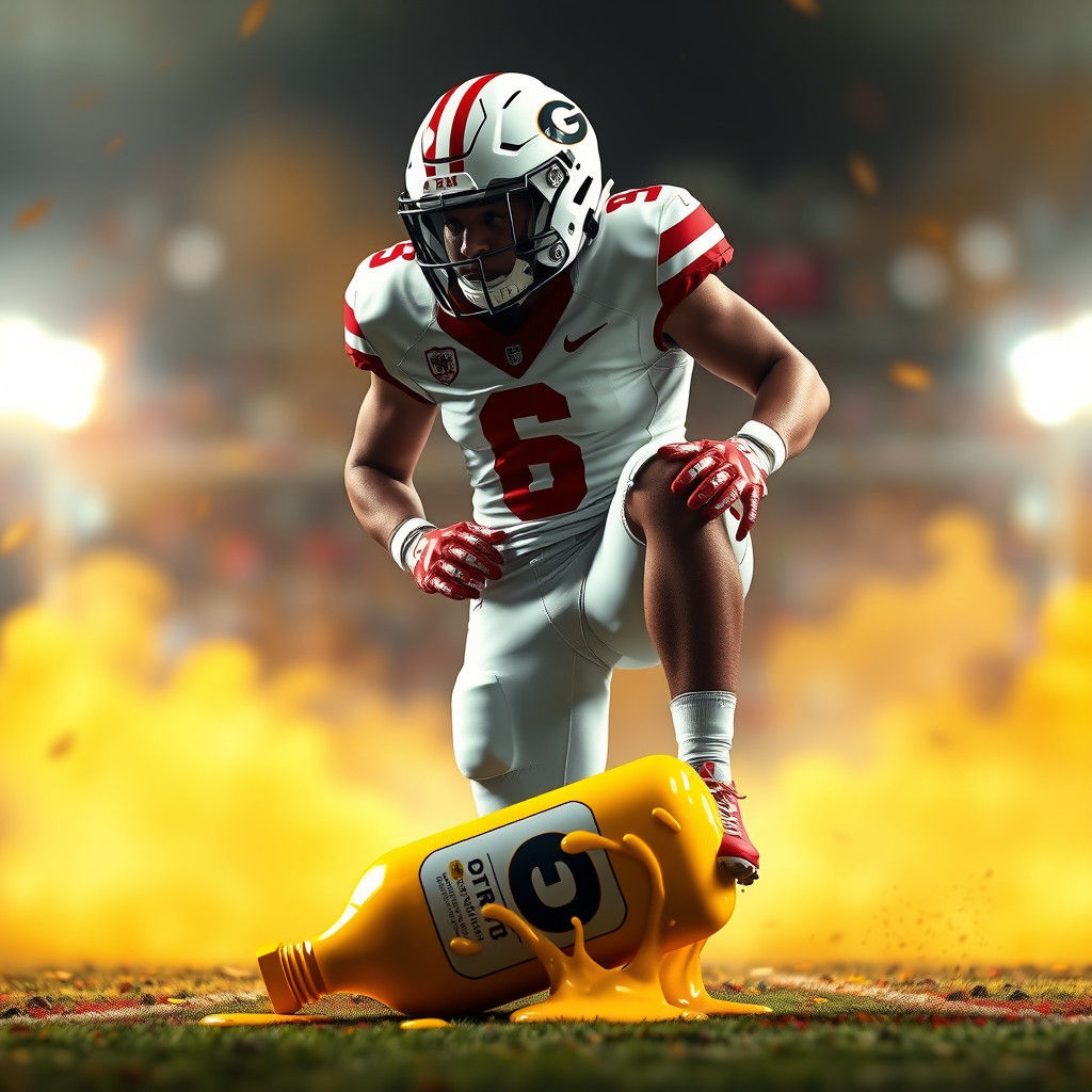 Triumphant Football Player Crushing Mustard Bottle