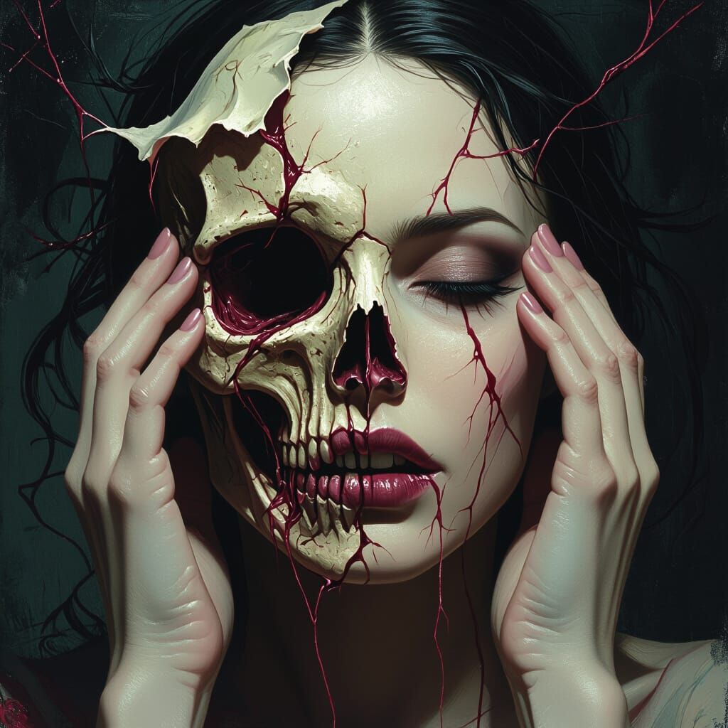 Woman Reveals Demonic Skull Beneath Skin in Dark Fantasy Art