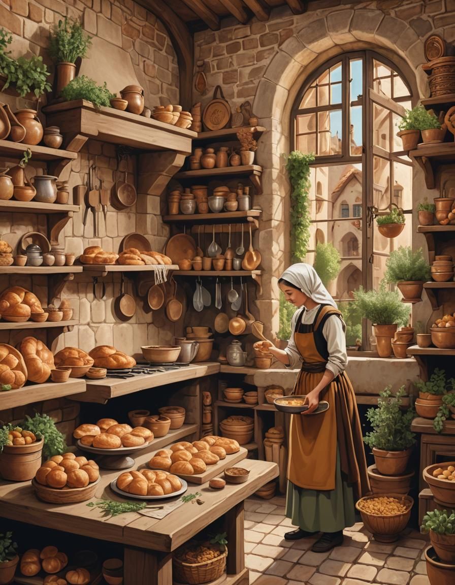 Medieval Kitchen Scene in Art Nouveau Style