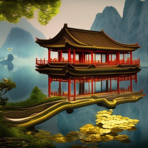 Fantasy Lake with Ancient Chinese Buildings and Lotus Flower...