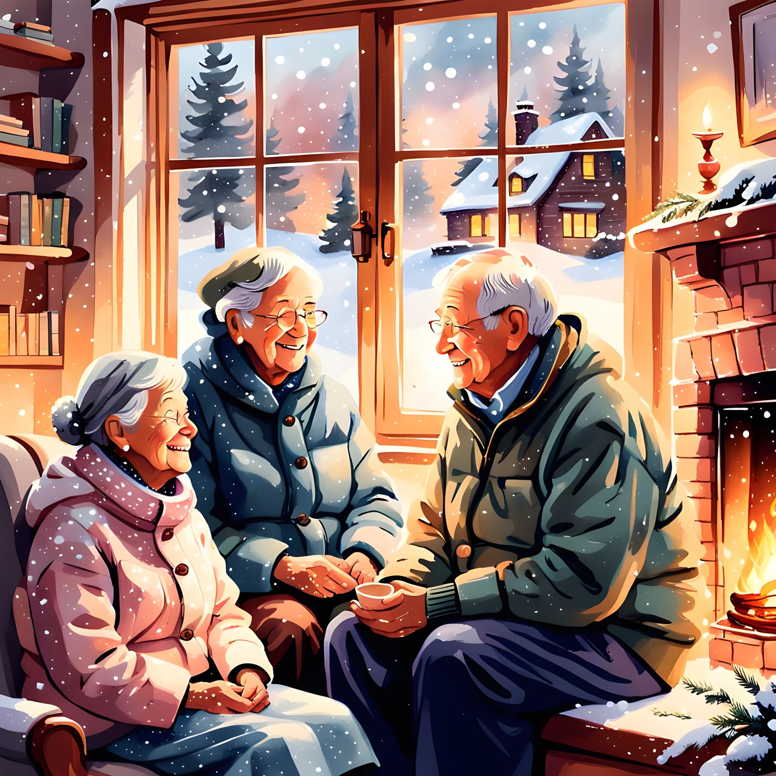 Grandparents Share Stories by Fireplace on Snowy Day