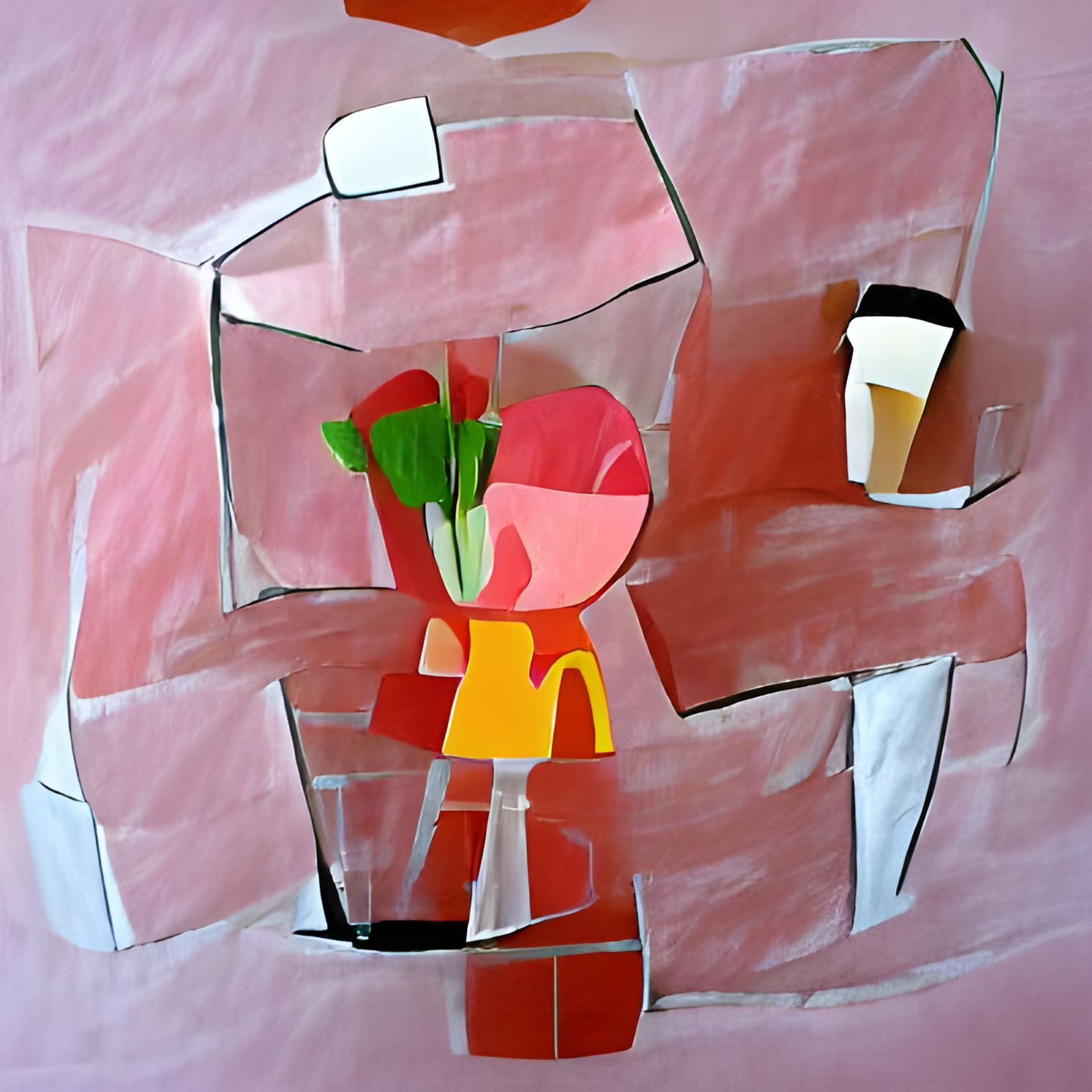 Minimalist Cubist Child with Roses in Restaurant