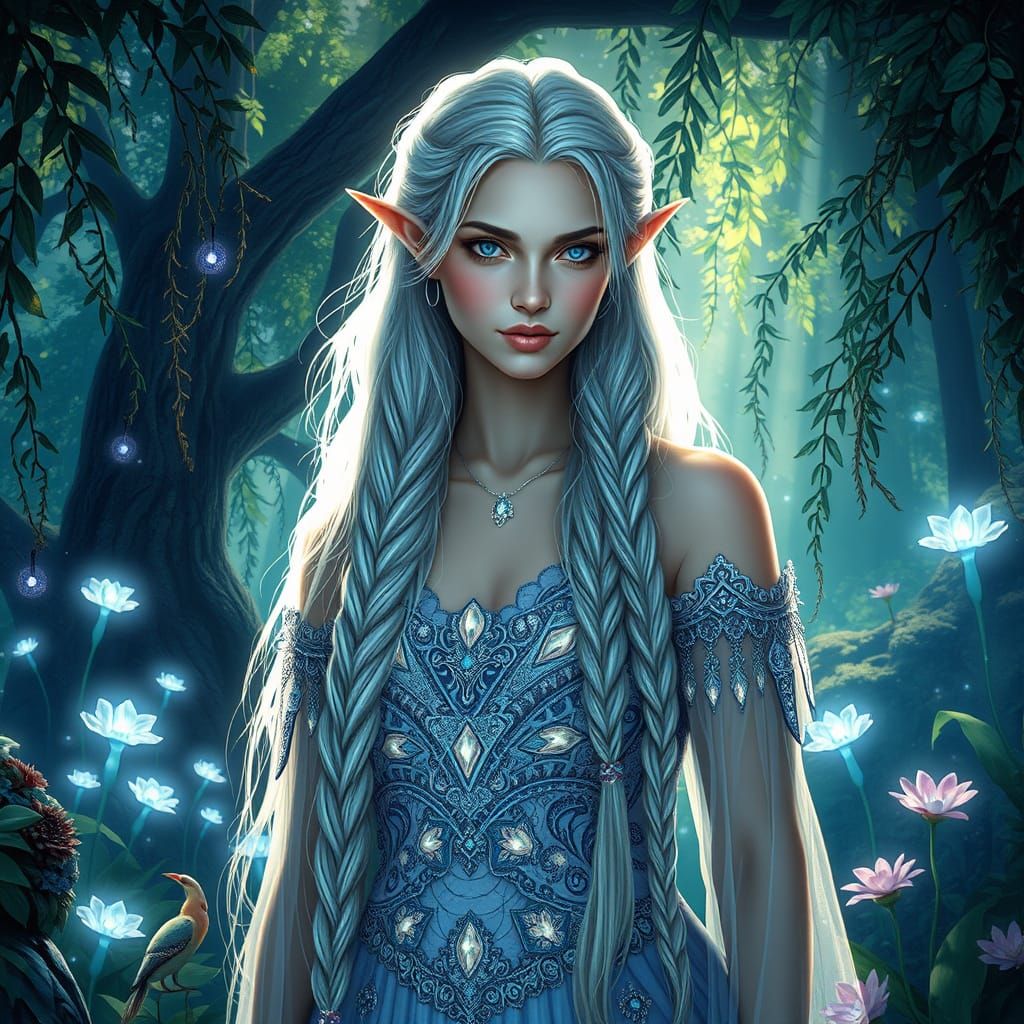 Ethereal Elven Queen in Starlight Gown, Surrounded by Biolum...