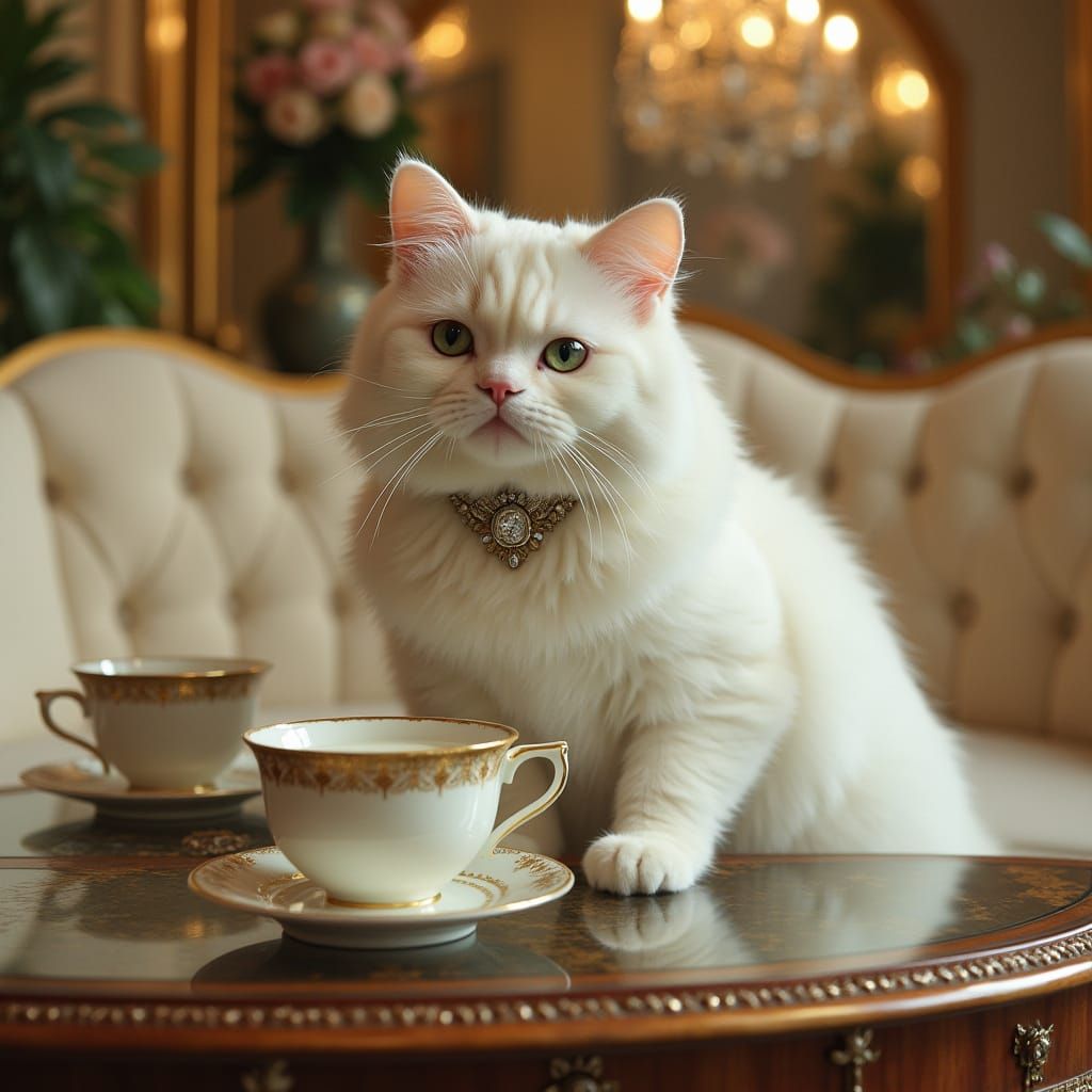 Elegant White Cat in Luxurious Living Room