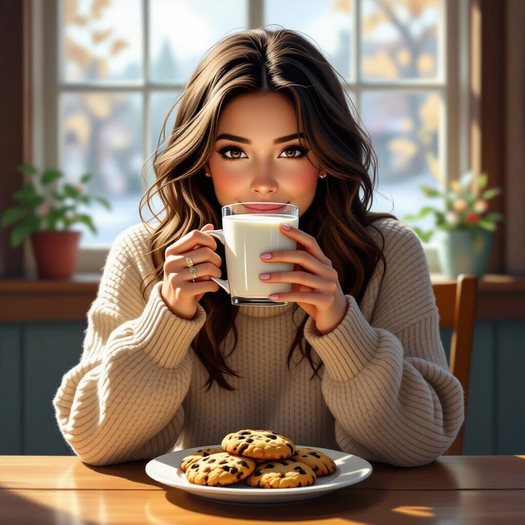 Hyperrealistic Lady Enjoying Milk and Cookies