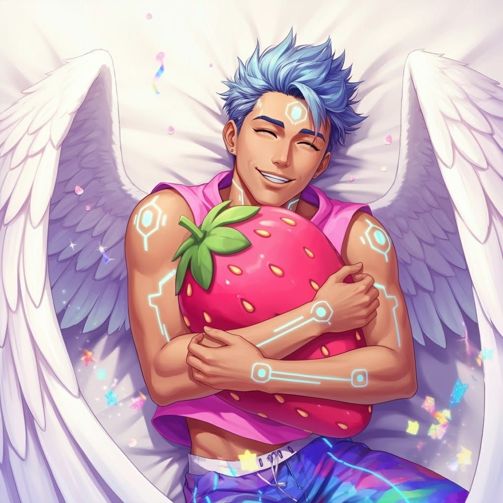 Cal cuddling a strawberry plushie