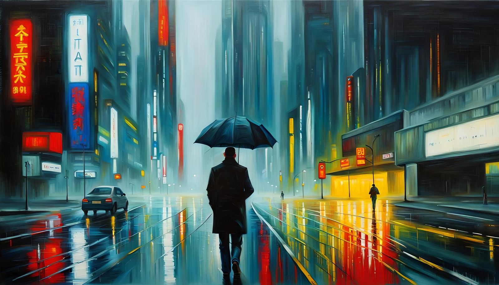 Lonely Man in Rainy Cyberpunk Metropolis