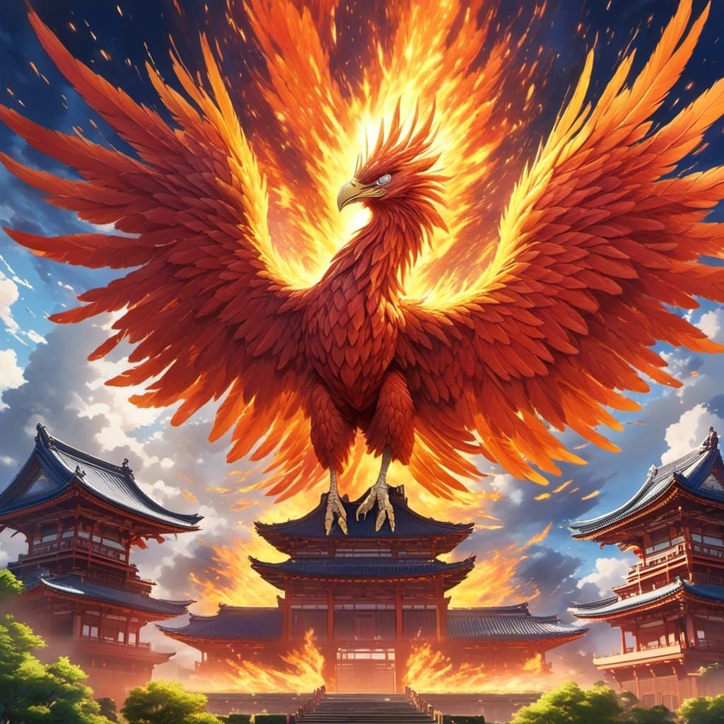 Fiery Phoenix Rising from Ashes in Glory