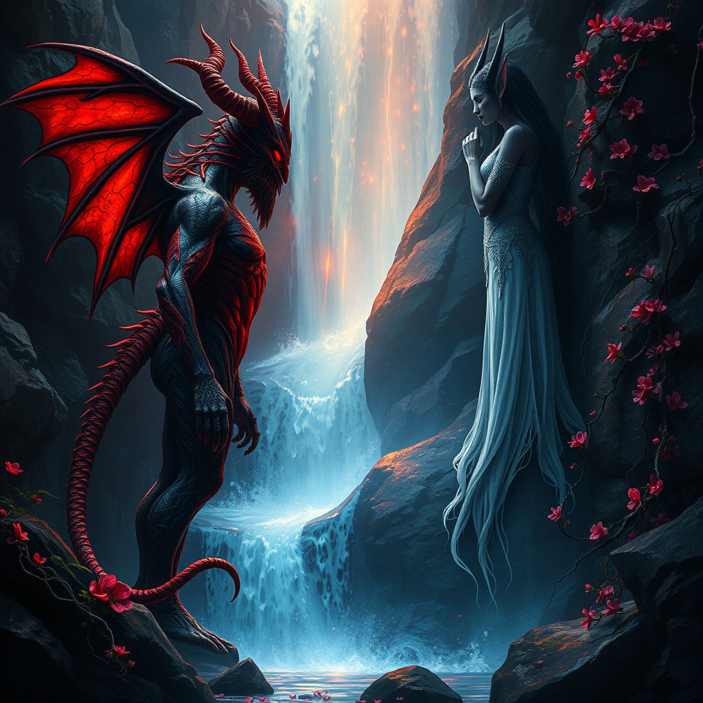 Demon and Elf at Mystical Waterfall in Dark Fantasy Style