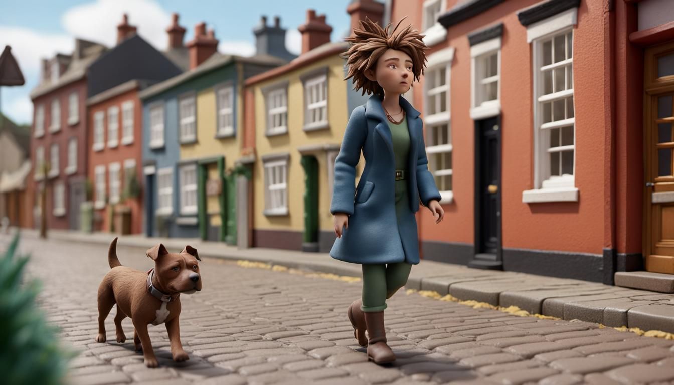 Claymation Woman Walks Dog in Small Town