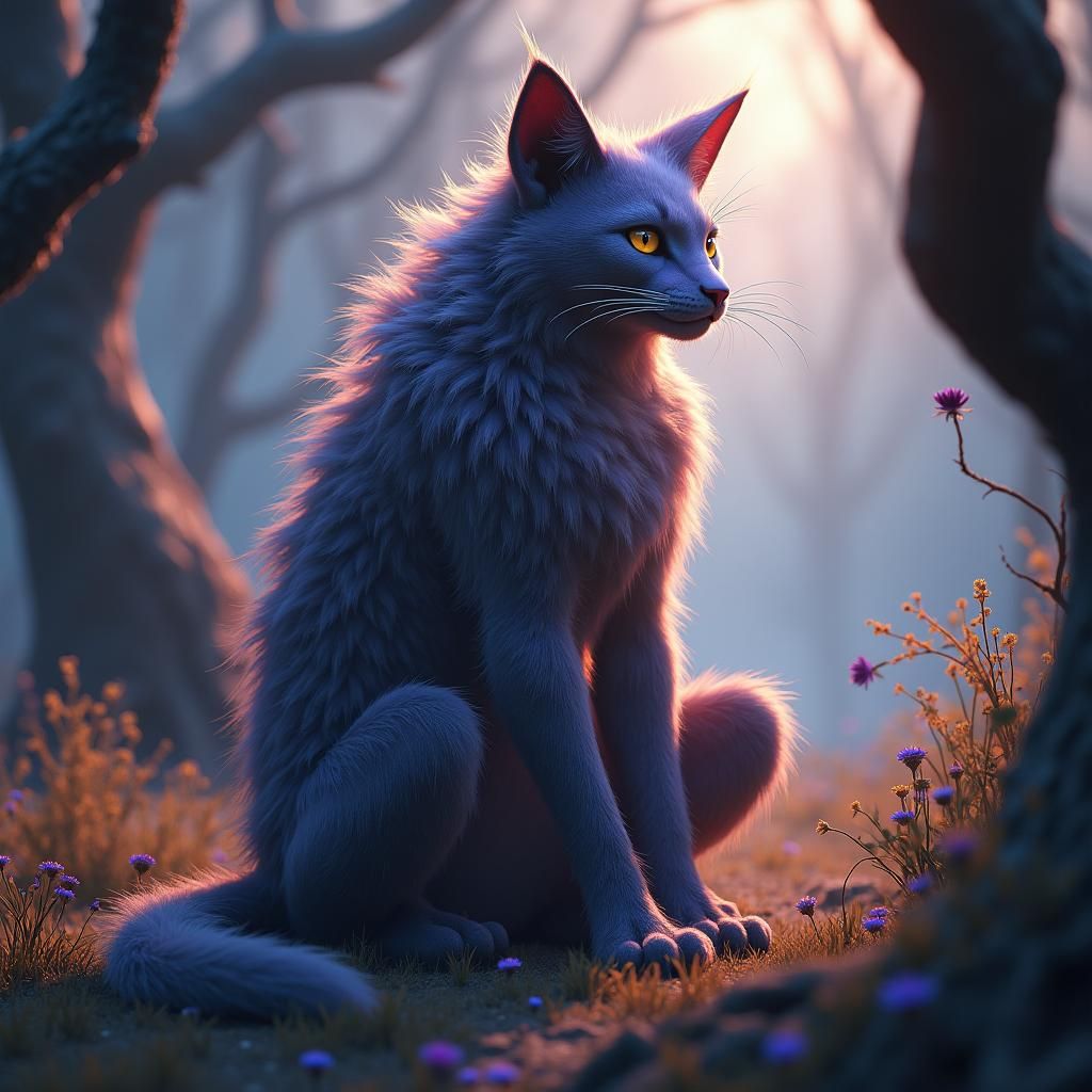 Feline Humanoid in Dreamlike Gothic Fantasy Realm